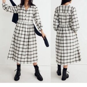 Madewell Flannel Plaid Maxi Dress Women L Black White Green Cotton Long Sleeve
